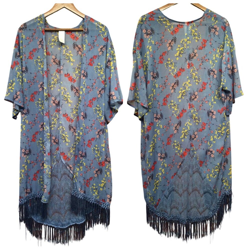 Womens Floral Fringe Kimono Shawl One Size Blue Lace Open Front Semi Sheer